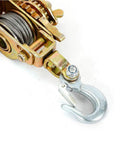 Close-up of hook and cable on Beefy 2 Ton Come Along Winch Hand Cable Puller With 2 Hooks And 2 Gears Heavy Duty Lever Hoist.