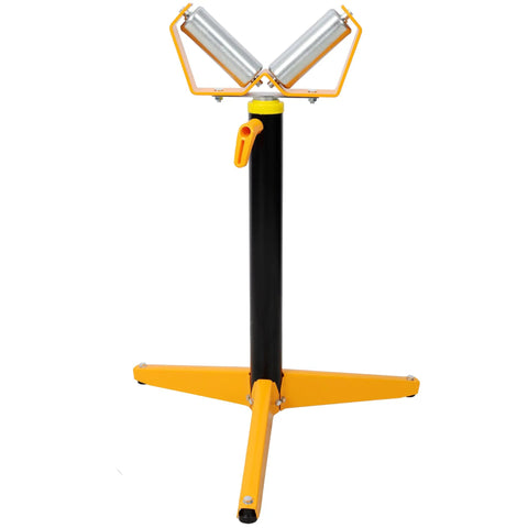 Rock Solid Adjustable V Pipe Roller Stand With Ultra Wide 29 To 48 Inch Height Range Delivers Zero Sag Support For Smooth Woodworking Pipe And Lumber Processing Builds You A Killer Workshop Rig angle view showing chrome rollers and sturdy base.