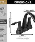 Matte Black 4 Inch Centerset Bathroom Faucet With Two Handles Pop Up Drain And Supply Lines Solid Brass Construction No Fuss Install Spot Resistant Finish ADA NSF cUPC Certified dimensions guide