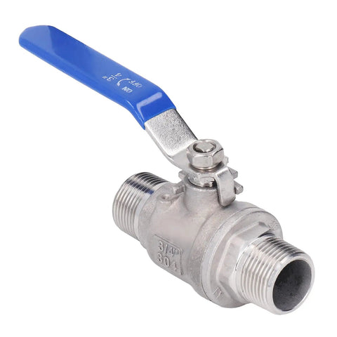 Badass 3/4 Inch 304 Stainless Steel Ball Valve With Npt Male Threads Top Shelf Rust Proof Design For Water And Oil Lines, side view with blue handle.