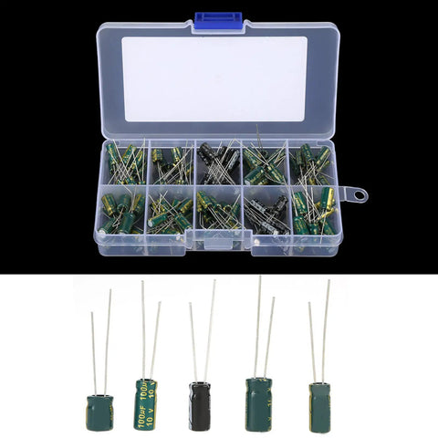 Top Shelf Audio Capacitor Assortment Kit 100 Pieces Of Durable Electrolytic Radial Capacitors 10Uf Through 470Uf And 10V Through 63V Voltage Range displayed in a clear plastic box.