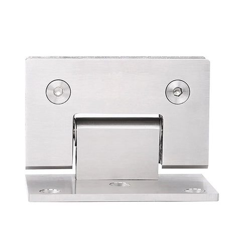 Front view of Premium 304 Brushed Stainless Steel Shower Hinges For Frameless Glass Doors 90 Degree Pair.