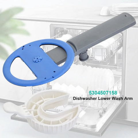 Upgraded 5304507158 Dishwasher Spray Arm Assembly in blue and gray for Frigidaire Lower Wash Arm Replacement with visible dishwasher