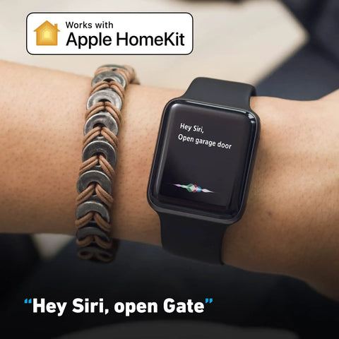 Smart Gate Opener Lite With App Control And Wireless Sensor compatible with Apple HomeKit shown on smartwatch display.