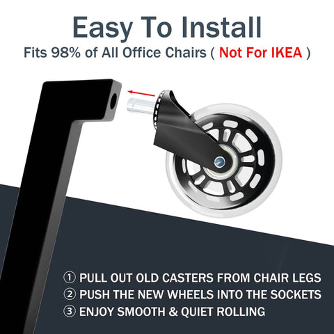 3 Inch Rubber Chair Wheels Replacement Casters With Seven Sixteenth Inch Stem Universal Fit For Most Rolling And Gaming Chairs Protect Floors On Carpet Hardwood And Tile With Smooth Quiet Rolling Set Of Five Transparent in installation view