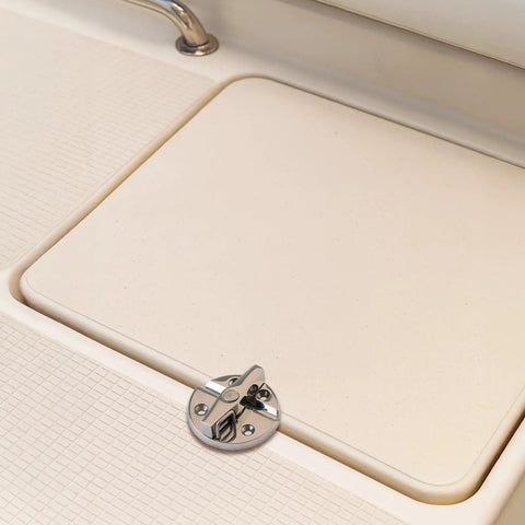 Heavy Duty 316 Stainless Steel Turn Twist Button Latch With Mirror Polished Marine Grade Finish on a boat hatch.