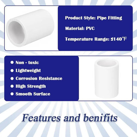 Infographic showing 10 Pack 3/4 Inch PVC Pipe Coupling Fittings features like non-toxic, lightweight, and high strength.