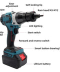 Heavy Duty Cordless Electric Rivet Nut Gun 26V Rechargeable Handheld Power Tool With Two 2200 Mah Batteries showing features and lithium battery.