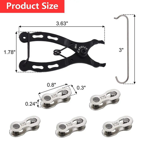 Bicycle Chain Repair Tool Kit With Link Plier, 5 Pairs Quick Link Buckles for 10 Speed Chains, product size dimensions.