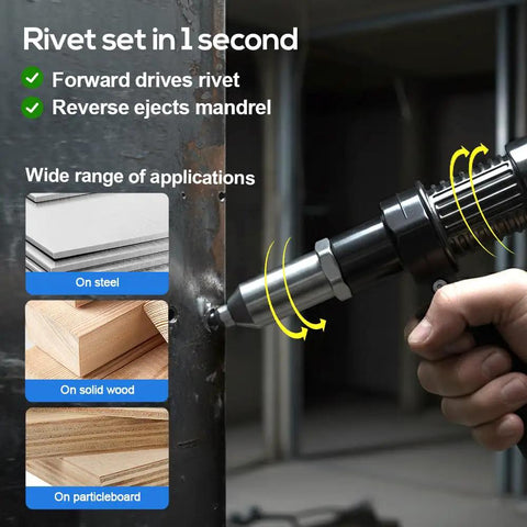 Using All In One Rivet Gun Adapter Kit With Four Interchangeable Heads For Drill Attachments on steel surface