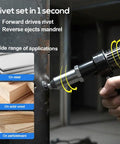 Electric Rivet Gun Adapter Kit With 4 Interchangeable Nosepieces 2.4mm 3.2mm 4.0mm 4.8mm in use on steel