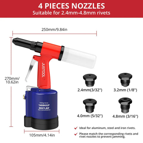 Heavy Duty Pneumatic Rivet Gun With 3097 LBF Pulling Power Air Riveter Kit With Four Nosepieces for various sizes, detailed view.