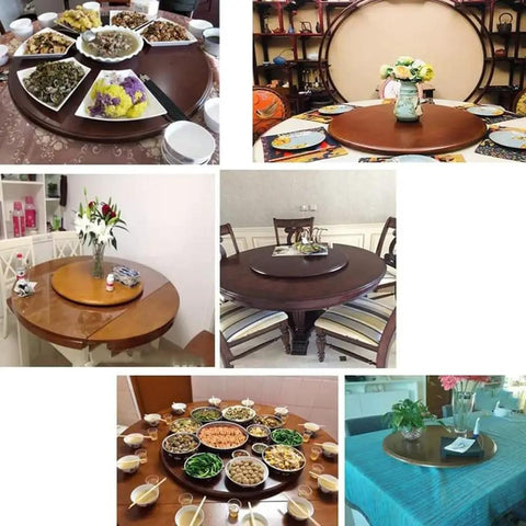 Premium Wooden Lazy Susan Turntable Nailed It Design Smooth Spinning Rotating Serving Plate on various dining tables with food.