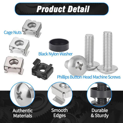 45 Pack Rack Mount Cage Nuts Kit with M6x20mm Screws and Black Nylon Washers components including nuts, screws, and washer.