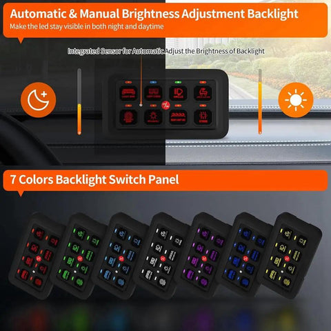 8 Gang RGB LED Switch Panel With Toggle, Momentary, And Pulsed Touch Control in multi-color backlit display grid.