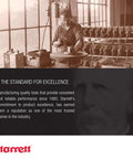 Historical image of a man working in a workshop with Starrett quality tool standards text overlay.