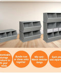 Three configurations of a Two Bin Stackable Toy Storage Cubby Organizer For Kids Playroom shown on a wooden floor.