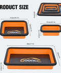 Orange Silicone Collapsible Magnetic Parts Tray Set In Three Sizes, Foldable Tool Trays with size dimensions listed