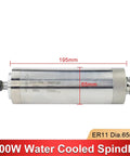 Pro Grade 800 Watt Water Cooled Spindle Motor ER11 Collet 65 mm By 195 mm with precision bearings for CNC engraving.