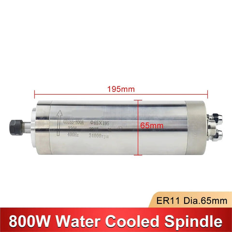 Pro Grade 800 Watt Water Cooled Spindle Motor ER11 Collet 65 mm By 195 mm with precision bearings for CNC engraving.