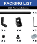 Packing list showing 4 Pack 2020 Aluminum Extrusion T Slot Profile Bars Black 48 Inches Long includes heavy duty corner brackets and hardware.