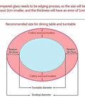Diagram showcasing recommended sizes for the Top Shelf Heavy Duty Tempered Glass Lazy Susan Turntable and dining tables.
