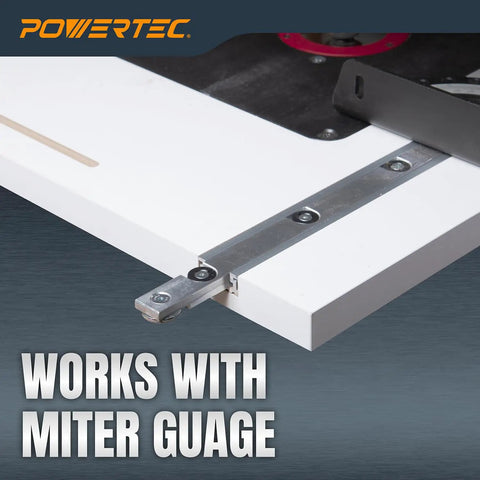 Close-up of 48 Inch Heavy Duty Aluminum Miter T Track And T Slot Bar Kit mounted on a table, designed for miter gauge compatibility.