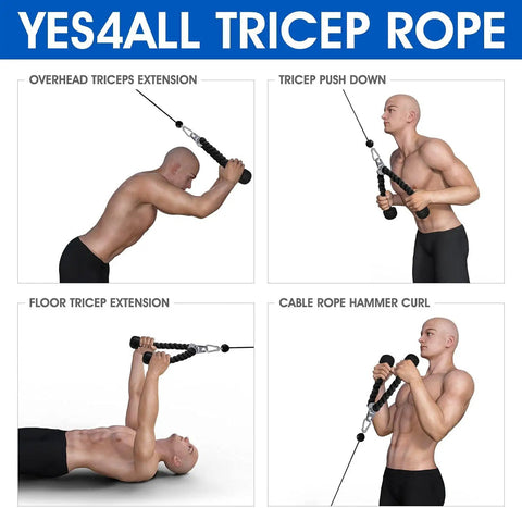 Heavy Duty Tricep Rope Cable Attachment For Gym Pulley System With Rustproof Chrome Connector And Durable Stainless Steel Carabiner in use for tricep workouts.