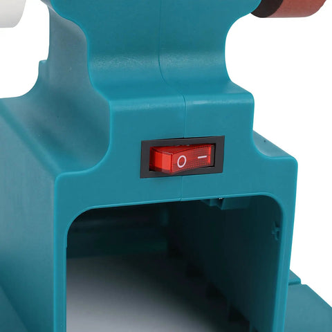 Kickass Compact Cordless Bench Grinder featuring a beefy 21V motor with power switch on a compact desktop unit.