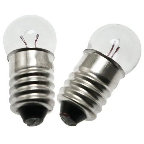 Straight Up E10 Mini Light Bulbs And Socket Holders Kit Featuring Ten Pieces Of Low Voltage Tungsten Filament Lamps Ideal For Science Fair Projects And Home Electronics Testing, showing two E10 tungsten bulbs with metal bases.