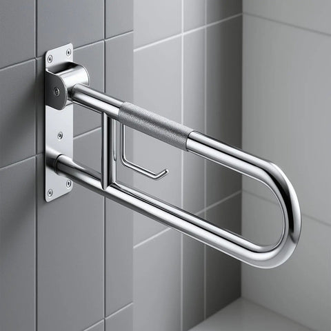 Super Sturdy Flip Up Toilet Grab Bar With Integrated Paper Holder Heavy Duty Stainless Steel Bathroom Safety Rail mounted on wall.
