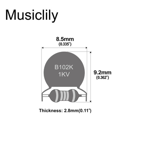 Electric Guitar Treble Bleed Mod Kit featuring .001uF Ceramic Capacitor and 150K Resistor dimensions, 9.2x8.5x2.8mm.