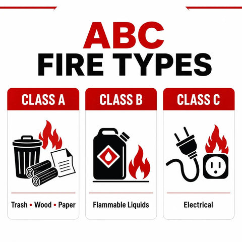 ABC fire types chart showing Class A, B, and C fire hazards with icons for trash, flammable liquids, and electrical sources.