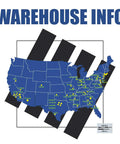 Map showing warehouse locations across the USA with marked points and distance scale.