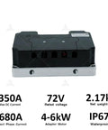 Heavy Duty 72V 350A Programmable EV Controller With Water Cooling For E Bikes Scooters And Golf Carts showing specs and design.