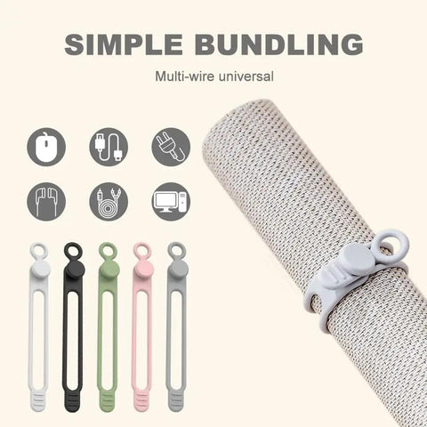 Premium Silicone Cable Ties Set, Adjustable 4.2 Inch Length, Reusable Cord Management Organizer shown in various colors and uses