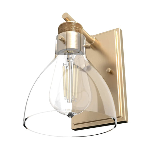 Alturas Gold 1 Light Sconce In A Medium Size Dimmable Wall Light With Transitional Style For Bedrooms Kitchens Foyers And Bathrooms Dope Glow Accent Fixture With Clear Glass Shade And Durable Steel Construction, featuring a clear glass shade and gold finish.