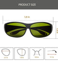 Kickass OD6 Plus Laser Safety Glasses With Rugged Black Frames And Sharp Green Tint Lenses product size details displayed.