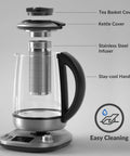Front view of Electric Tea Kettle With Removable Infuser, 9 Preset Brewing Programs, borosilicate glass, 1.7 liter capacity