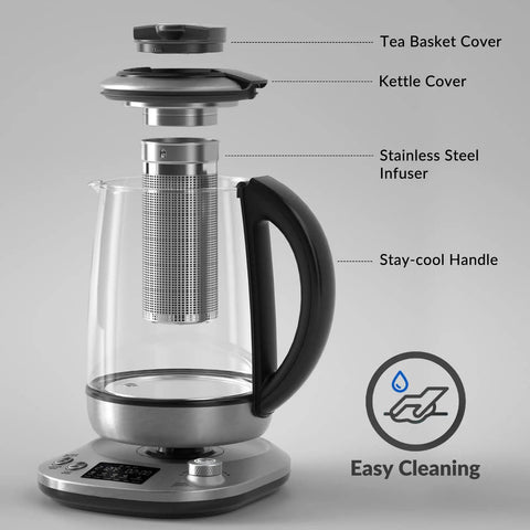 Front view of Electric Tea Kettle With Removable Infuser, 9 Preset Brewing Programs, borosilicate glass, 1.7 liter capacity