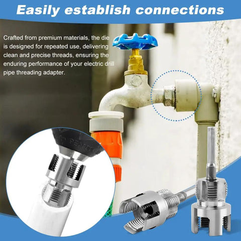 2 In 1 Pipe Threading Tool For Internal And External Threads With Dual End One Half Inch NPT And Three Quarter Inch NPT Dies Works With Power Drills For Fast DIY Plumbing Rethreads No Tool Swapping in use with drilled pipe