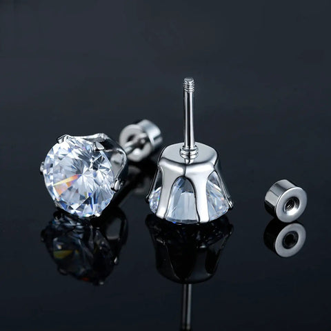 Snag These Fresh Flat Back Earrings Made From Light As Air Titanium Surgical Steel With Diamond Like Cubic Zirconia In Classic Round And Square Styles White Gold Plated Hypoallergenic Multiple Piercing Stud Set Truly Built For All Day Vibes showing 3-7mm cubic zirconia studs in silver setting.