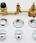 Heavy Duty Four Way Brass Shower Diverter Valve With Tight Multi Port Flow Routing For Quick Bathroom Upgrades And Zero Stress Temperature Tweaks For Rock Solid Daily Performance, showing brass valve and chrome knobs.