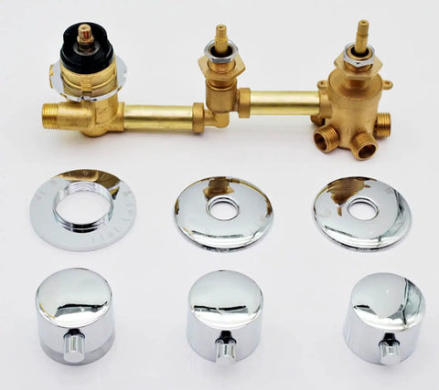Rock Solid Brass Shower Control Valve Featuring Ceramic Cartridge Adjustable Temp Safety Switch Multi Port Diverter Standard Pipe Threads components in brass and chrome.
