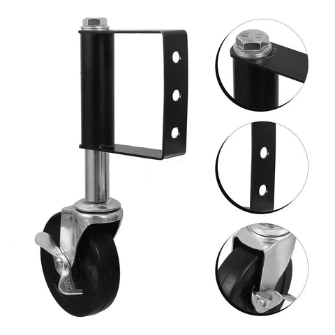 Heavy Duty Spring Loaded Gate Caster Wheel with Adjustable Steel Elastomer Support for Farm Yard Gates showing swivel design and sturdy build.