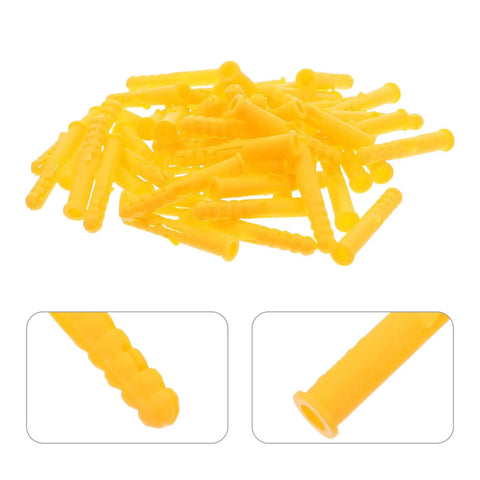 Pile of 200 Pack Yellow Plastic Wall Anchors Kit Self Drilling Ribbed Anchors for Drywall with close-up details