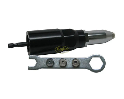 Professional Grade Rivet Gun Tool Adapter Converts Cordless Drill To High Power Rivet Puller for rapid fastening, featuring black and silver design.