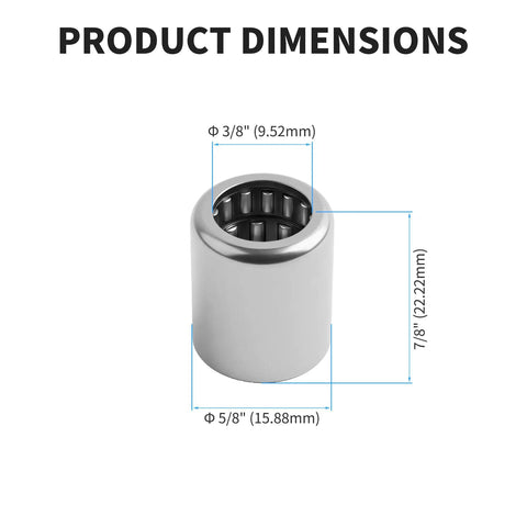 Rock Solid Needle Roller Bearings Rcb061014 2 Pack 3By5By7 Inch Drawn Cup Design with dimensions 3/8" ID, 5/8" OD, 7/8" width.