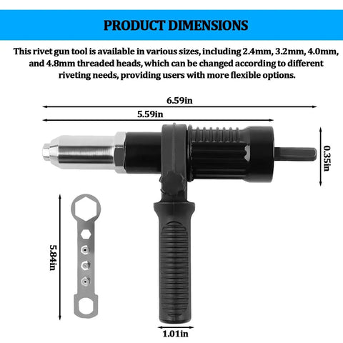 Cordless Car Rivet Gun Adapter Kit With 4 Rivet Heads dimensions and size illustration with tool details for automotive repair