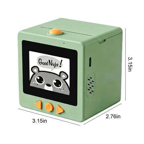 Next Level Smart AI Voice Activated Printer With Ridiculously Fast Inkless Thermal Tech And A Bright 2.4 Inch HD Touchscreen Display For Making Totally Awesome Custom Stickers Everyday showing green printer with a cartoon face.